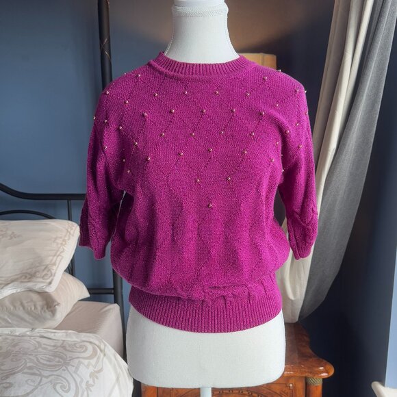 Vintage Eatons Fuschia and Gold Short  Sleeve Sweater - Picture 2 of 10